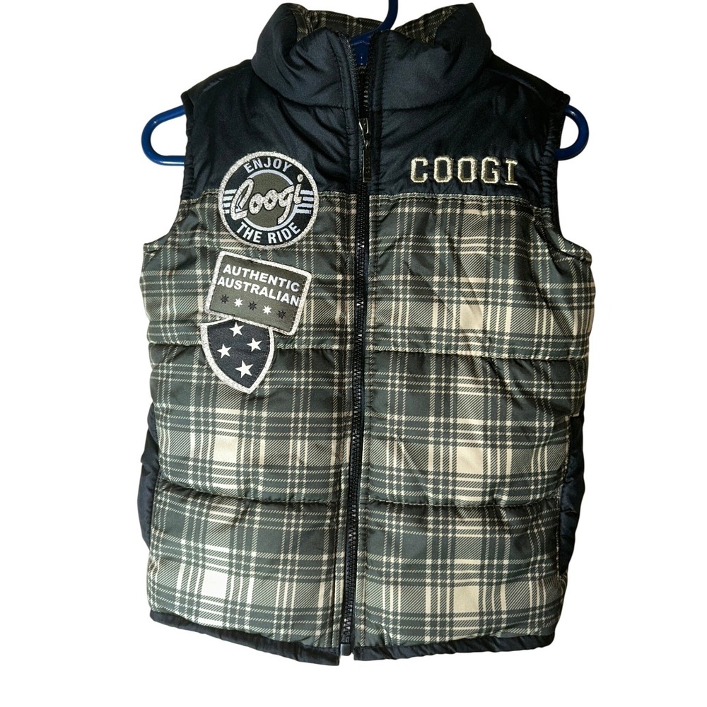 Coogi Kids Puffer Vest‎ Black Tan Plaid Embroidered Patches Zip Up Size 24M